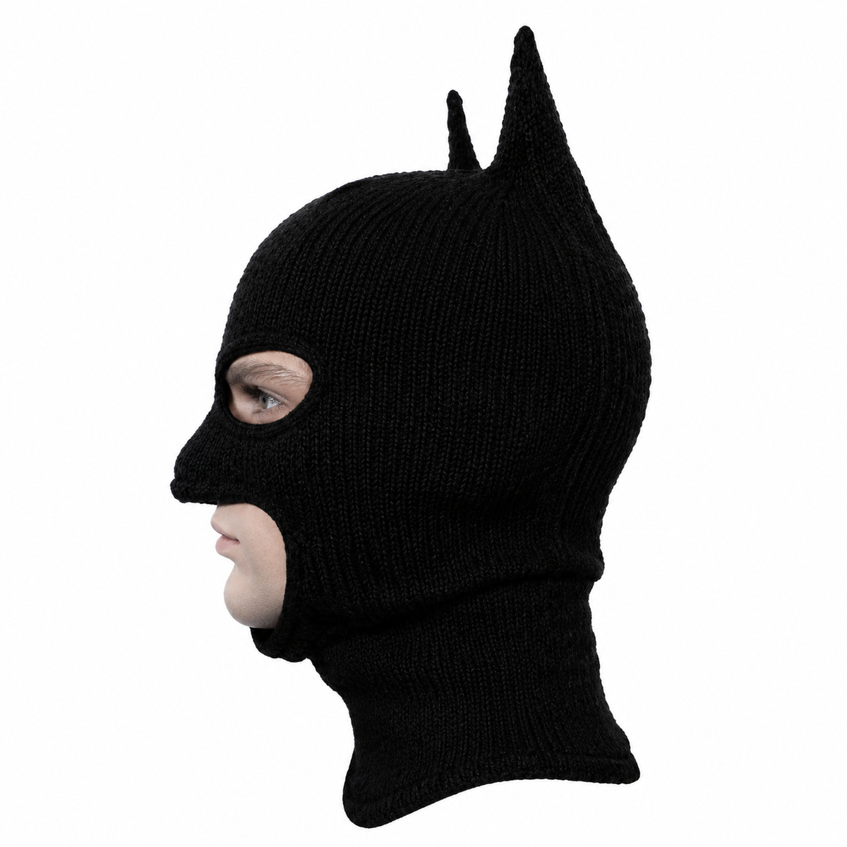 NightCowls bat-ear ski mask worn, side profile