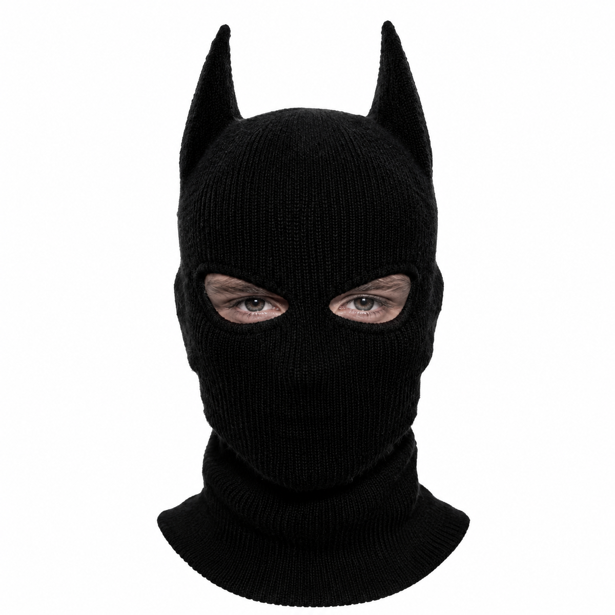 NightCowls bat-ear ski mask worn, front